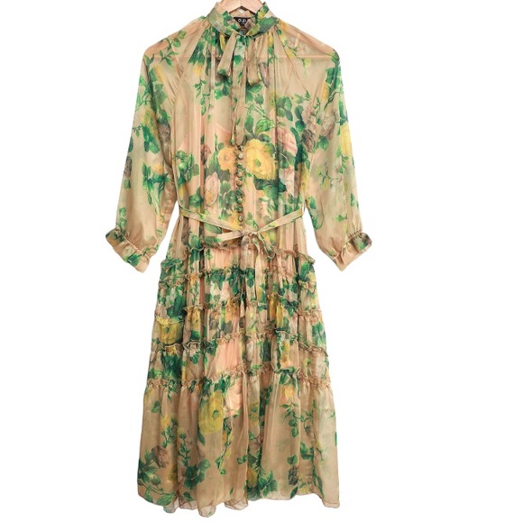 O.P.T. Cosmia Beige Floral Print Tiered Ruffled Midi Dress. Size Small - Picture 6 of 10